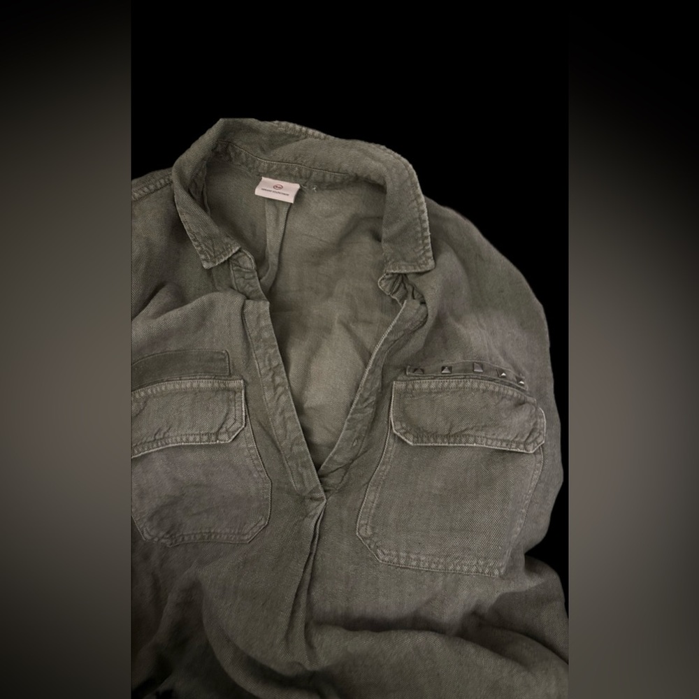 Adriano Goldschmied Anson V-neck Top Army Olive Green Tencel Linen Studded L - Picture 6 of 6